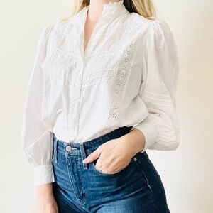 TOPSHOP US 8 white lace detail long sleeve button up shirt